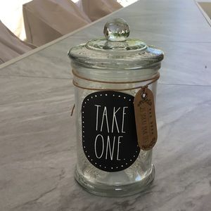 Rae Dunn glass apothecary jar with 25 spiral hair ties
